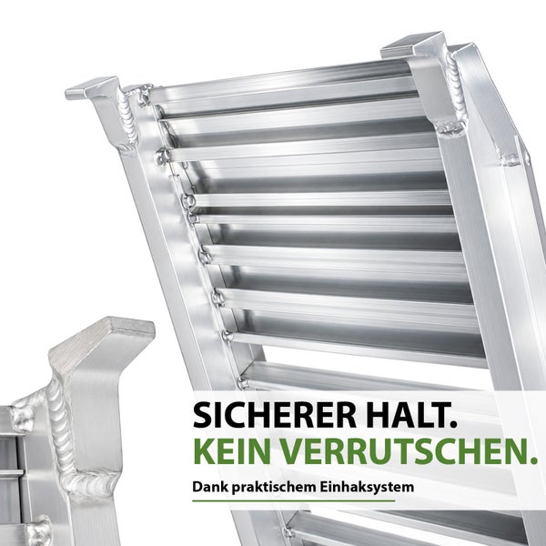 Auffahrrampe aus Aluminium mit Einhaksystem für sicheren Halt