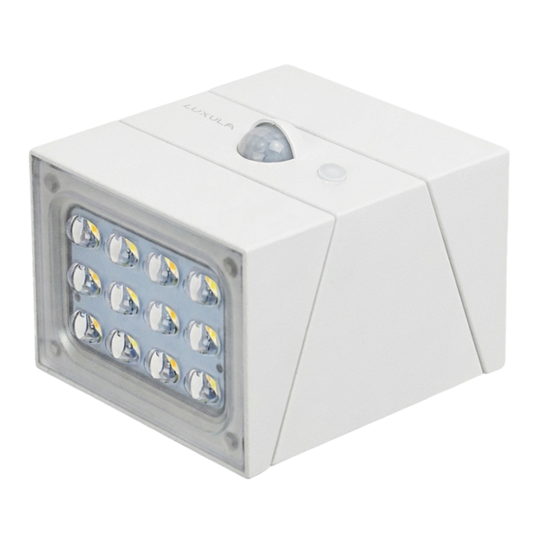 Weiße Luxula LED-Außenwandleuchte mit Bewegungsmelder, quadratisches Gehäuse mit 12 LEDs.