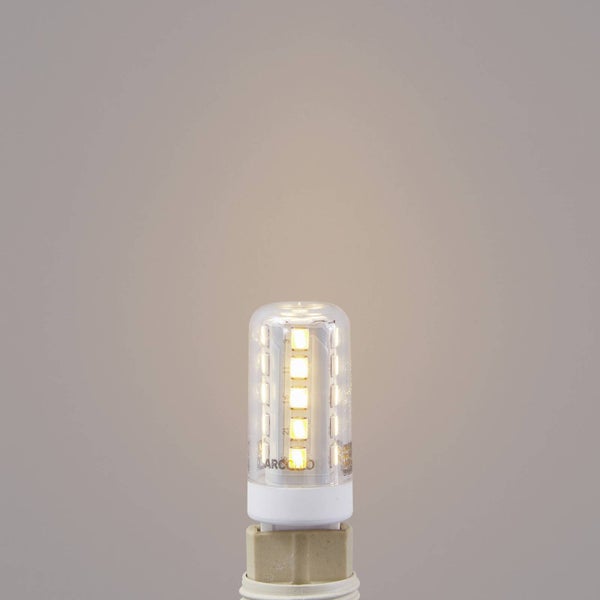 Eingeschaltetes LED-Leuchtmittel G9 in Stiftform mit transparentem Gehäuse und warmweißem Licht.