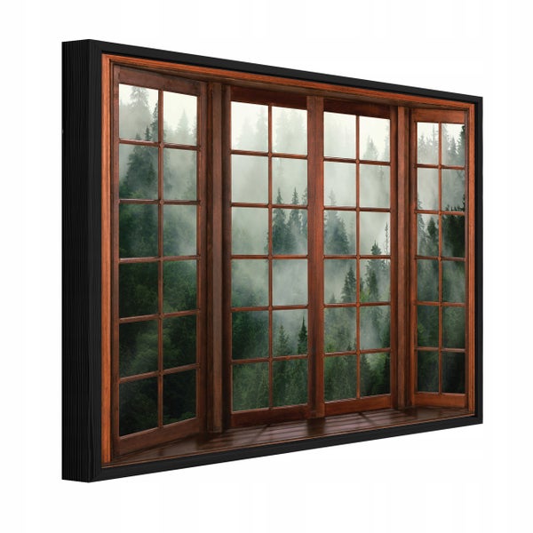 Wandbild mit Motiv eines Erkerfensters mit Blick auf einen nebligen Tannenwald im Holzrahmen