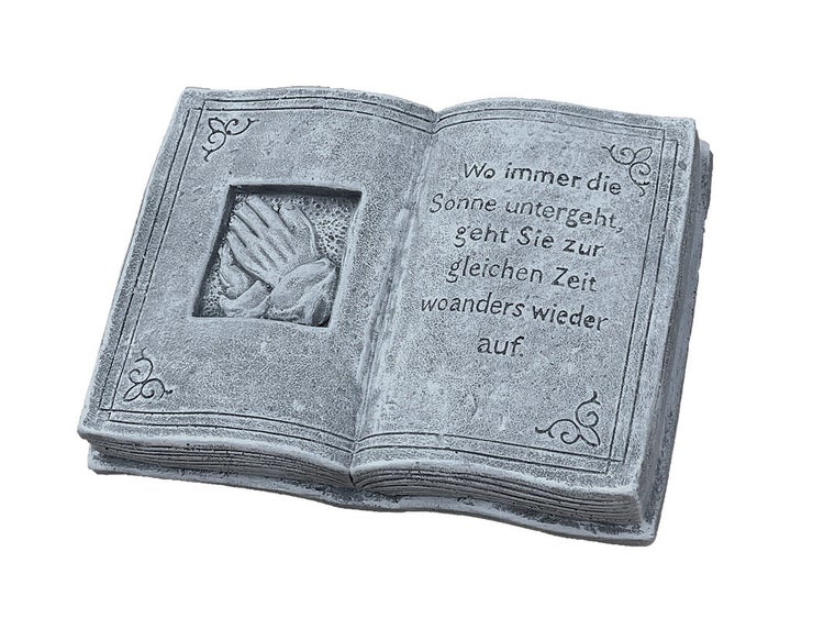 Grabschmuck in Form eines aufgeschlagenen Buches aus Stein mit betenden Händen und Inschrift für die Grabgestaltung.