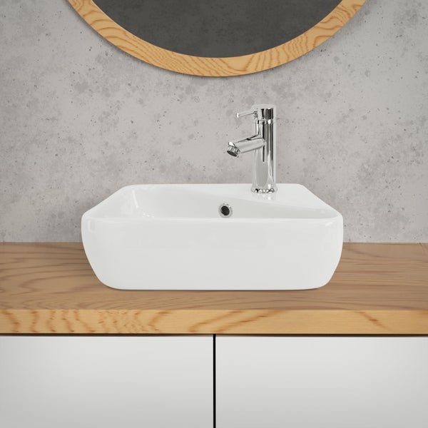 ML-Design Waschbecken Keramik Weiß 45x27x13 cm Eckig inkl. Ablaufgarnitur, Hahnloch rechts, Aufsatzwaschbecken/Hängewaschbecken, Design Waschtisch mit Überlauf, Waschschale Waschplatz Handwaschbecken