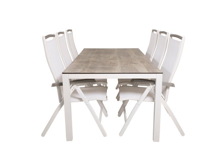 Llama Gartenset Tisch 100x205cm und 6 Stühle 5posalu  Albany weiß, grau, cremefarben. 100 X 205 X 75 cm