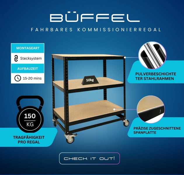 Fahrbares Kommissionierregal von Büffel mit drei Ebenen aus Spanplatte, schwarzem Stahlrahmen, 150 Kilogramm Traglast und Stecksystem.