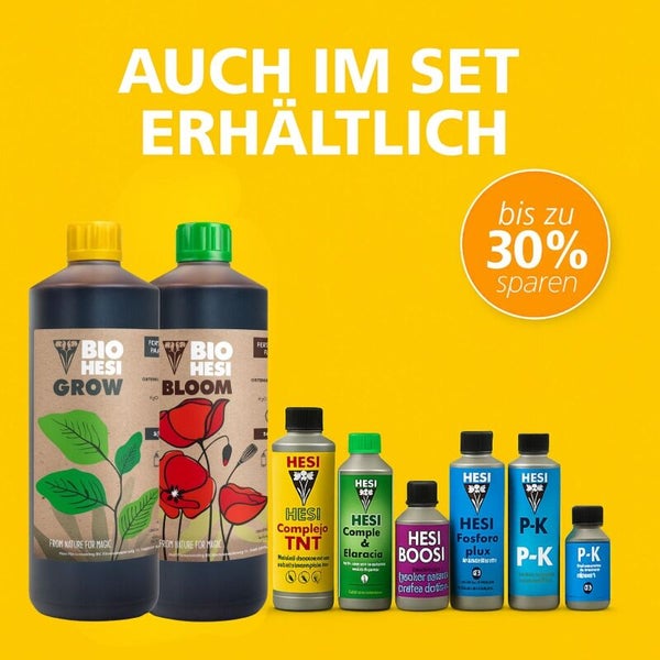 Bio Hesi Dünger-Set bestehend aus Bio Hesi Grow, Bio Hesi Bloom und verschiedenen Hesi Ergänzungsmitteln in Flaschen.