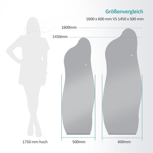 EMKE Standspiegel, 3000/4000/6500K – Wandmontierbar & Freistehend, rahmenlos, Touch-Schalter, 145x50 cm