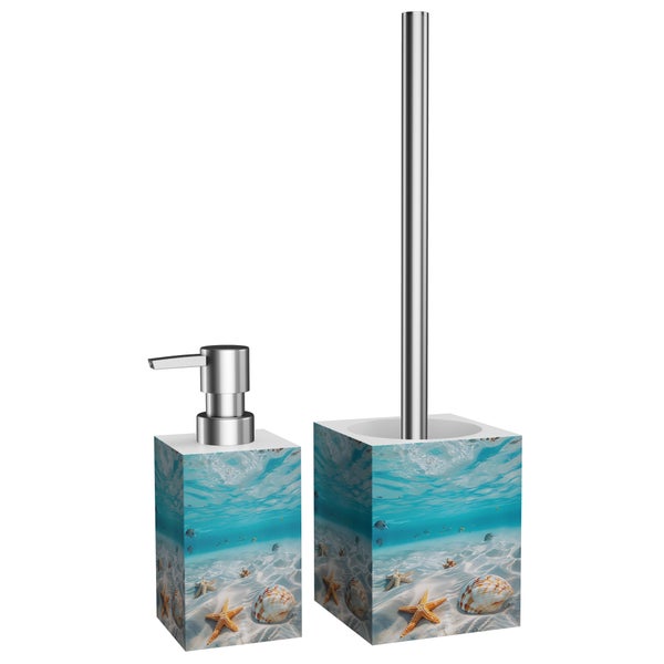 Badezimmer Set bestehend aus Seifenspender und WC Garnitur mit Unterwasser Motiv und Edelstahl Elementen