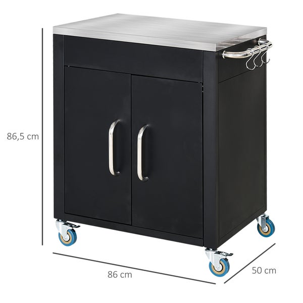 HOMCOM Küchenwagen mit Rollen, Servierwagen, Küchentrolley mit Schrank, Haken und Edelstahlgriffe, Rollwagen, Küchenhilfe, Schwarz, 86 x 50 x 86,5 cm