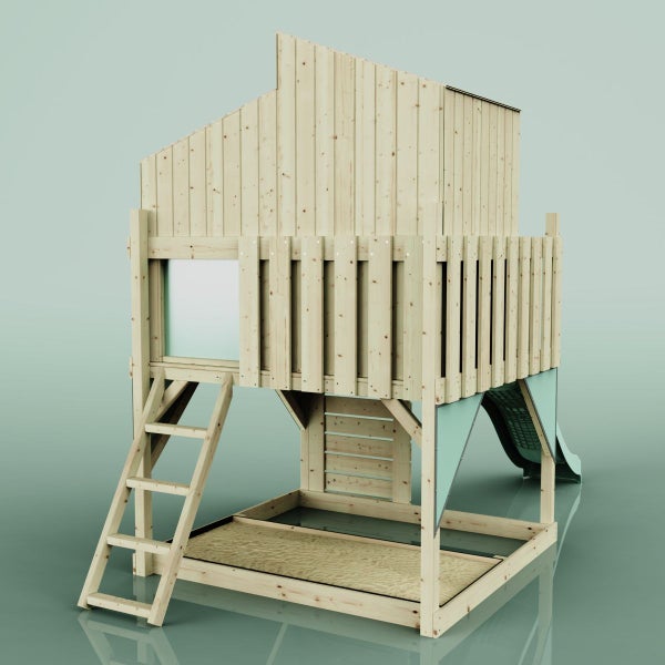 Holzspielhaus mit Rutsche und Leiter für den Garten