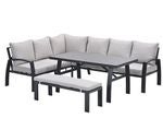 Garten-Lounge-Set bestehend aus einem Ecksofa, einem rechteckigen Tisch und einer Bank mit Polsterkissen.
