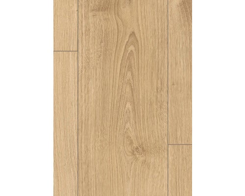 Laminatboden in Eichenoptik mit authentischer Maserung und sichtbaren Fugen.