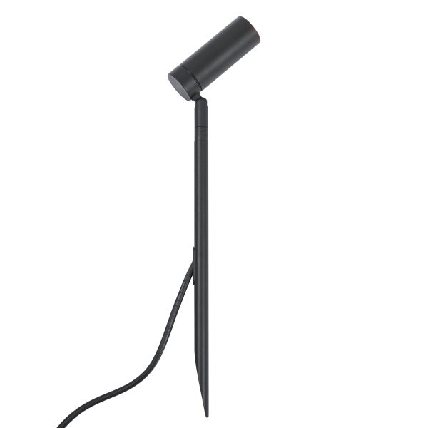 Schwarzer Gartenstrahler mit Erdspieß, verstellbarer zylindrischer Lampenkopf und Kabel.