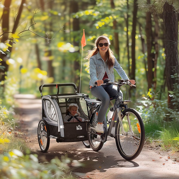 HOMCOM 2 in 1 Kinderanhänger klappbar Fahrradanhänger mit abnehmbarem Vorderrad, Hinterradbremsen, Kinderfahrradanhänger für 2 Kinder ab 18 Monate, bis 26,4 kg belastbar, Grau