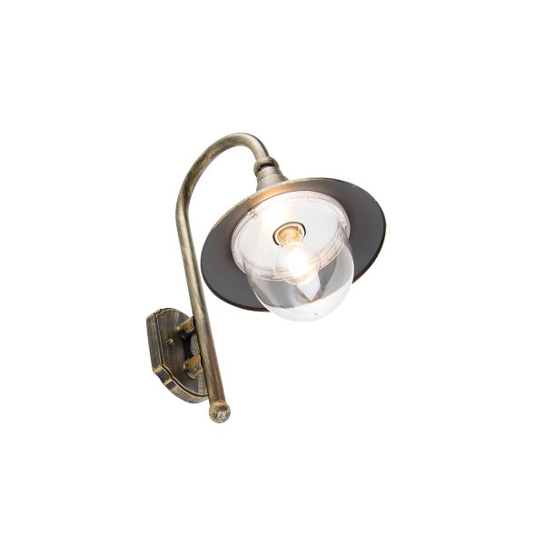 Antike Außenwandleuchte aus Metall in Messing-Optik mit klarem Glas und nach unten gerichtetem Schirm.