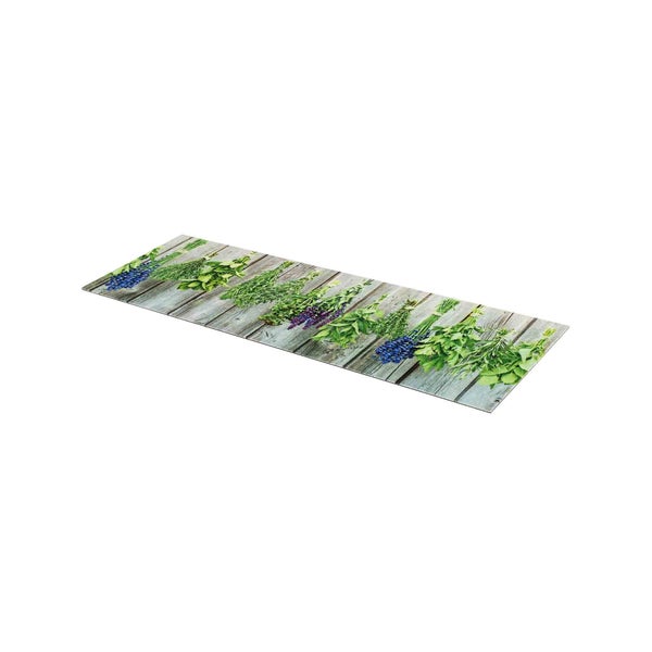 Fußmatte mit Kräutermotiv auf Holzhintergrund