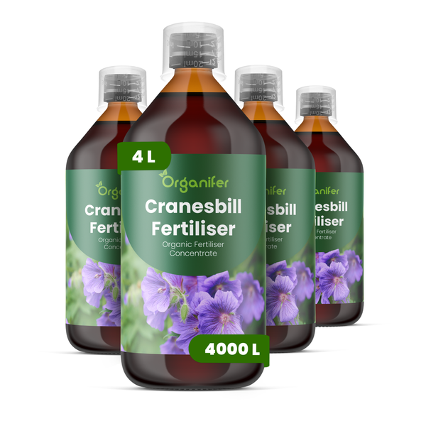 Vier Flaschen Organifer Storchschnabel-Dünger, organisches Düngerkonzentrat, 4 Liter.