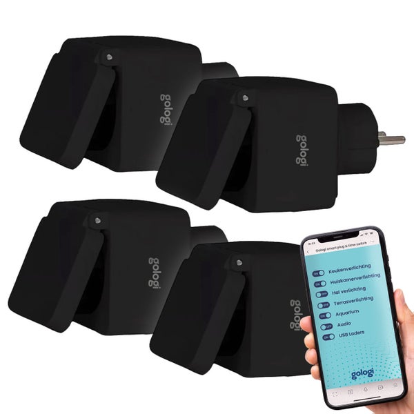 Gologi Smart plug outdoor 4 Stück - Smart plug - IP44 - Zeitschaltuhr & Energiezähler - WIFI - Google Home & Amazon Alexa - Schwarz - 4 Stück