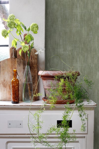 Stillleben mit Blumen, Pflanzen und dekorativen Elementen auf einem weißen Schrank