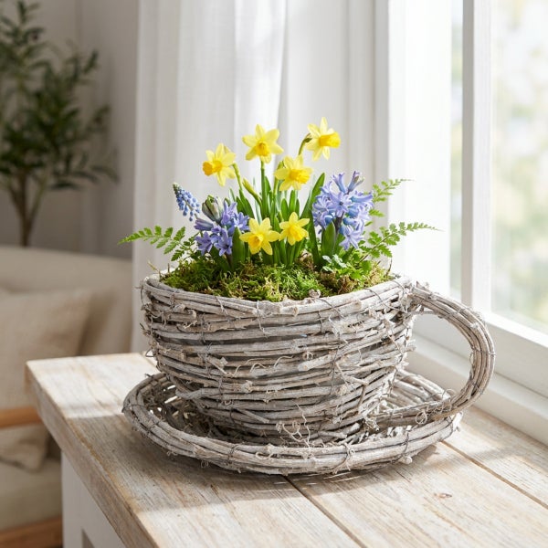 Frühlingsblumenarrangement aus Narzissen und Hyazinthen in einem Pflanzgefäß in Teetassenform aus geflochtenen Zweigen auf einer Fensterbank.