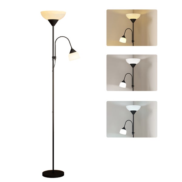 Schwarze LED-Stehlampe als Deckenfluter mit verstellbarem Lesearm, Darstellung der Lichtfarben von warmweiß bis tageslichtweiß.