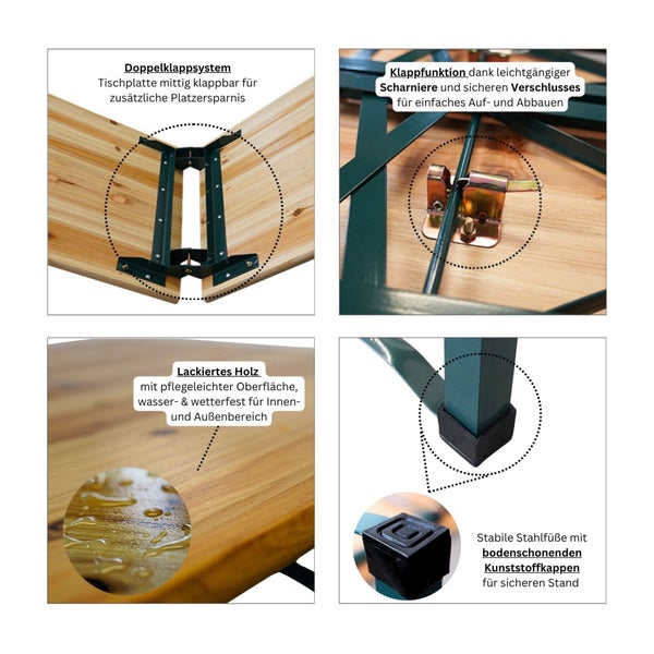 Detailansichten eines Klapptisches mit Doppelklappsystem, Scharnieren, lackiertem Holz und Stahlfüßen mit Kunststoffkappen.