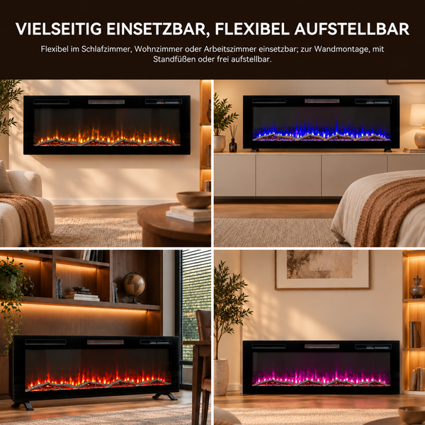 Elektrischer Kamin mit verschiedenen Flammenfarben, wahlweise zur Wandmontage oder als Standmodell für Wohn- oder Schlafzimmer geeignet.
