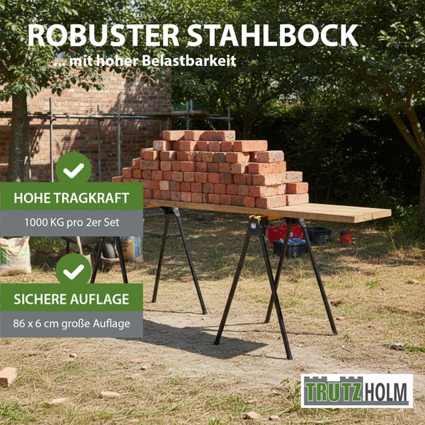 Robuster Trutzholm Stahlbock im 2er Set, Belastbarkeit bis 1000 Kilogramm, hölzerne Arbeitsfläche mit Ziegelsteinen beladen, Trutzholm Logo.