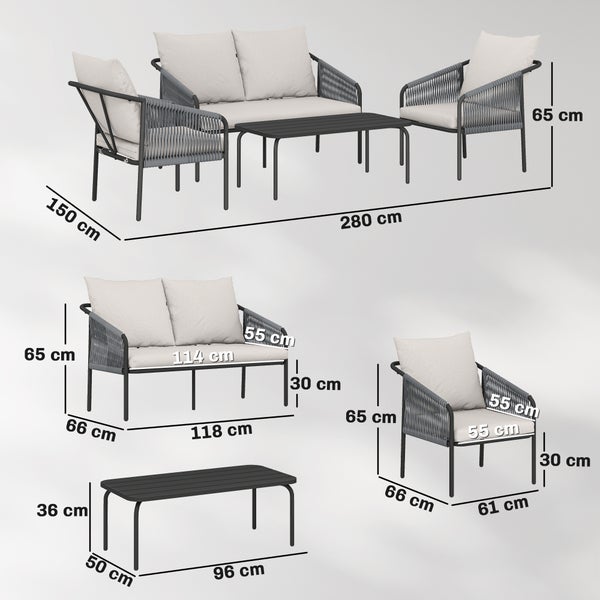 Garten-Lounge-Set bestehend aus einem Zweier-Sofa, zwei Sesseln und einem Couchtisch mit detaillierten Maßangaben in Zentimeter.