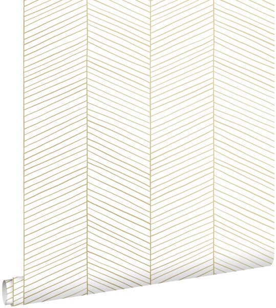 ESTAhome Tapete Fischgrätmuster Weiß und Gold - 53 cm x 10.05 m - 139135