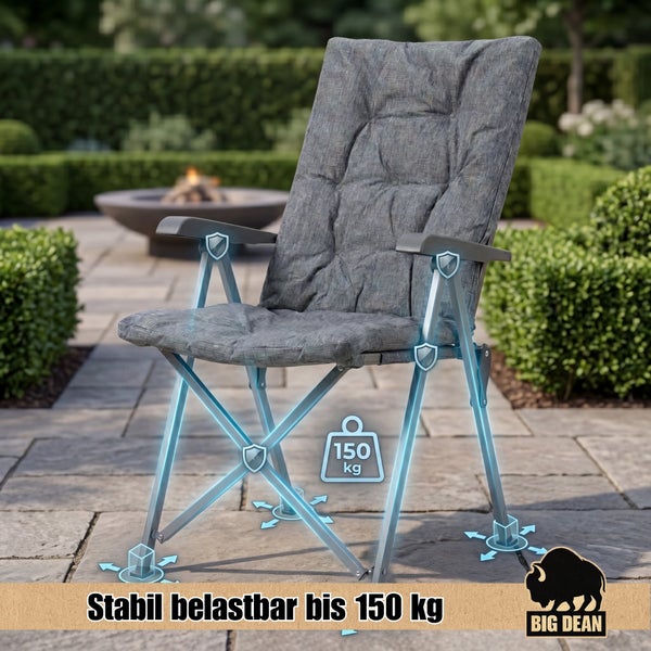 Klappstuhl mit Polsterauflage für Garten und Terrasse, belastbar bis 150 Kilogramm, stabile Metallrahmenkonstruktion, Big Dean Logo.