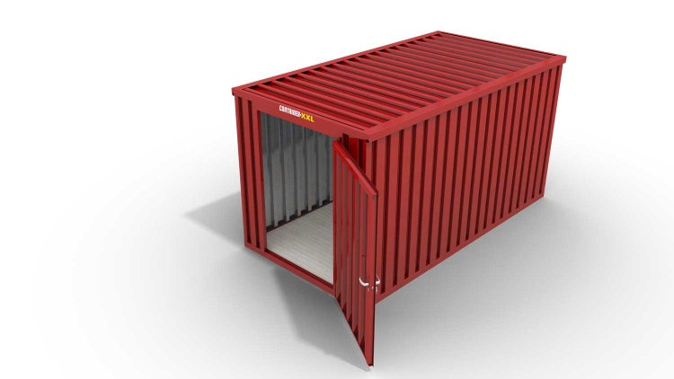 Lagercontainer Gerätehaus XL  – 10 qm, H2150 x B5080 x T2170 mm, Außenwandlackierung RAL 3000 feuerrot, Dach außen verzinkt, mit Holzfußboden, 1270 mm Einflügeltür mittig in Stirnseite, montiert