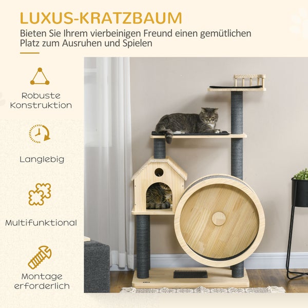 Katzenkratzbaum mit Katzenhaus, Liegeflächen und Laufrad