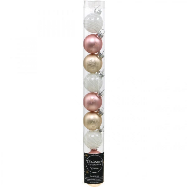 Set mit Christbaumkugeln aus Glas in Verpackung