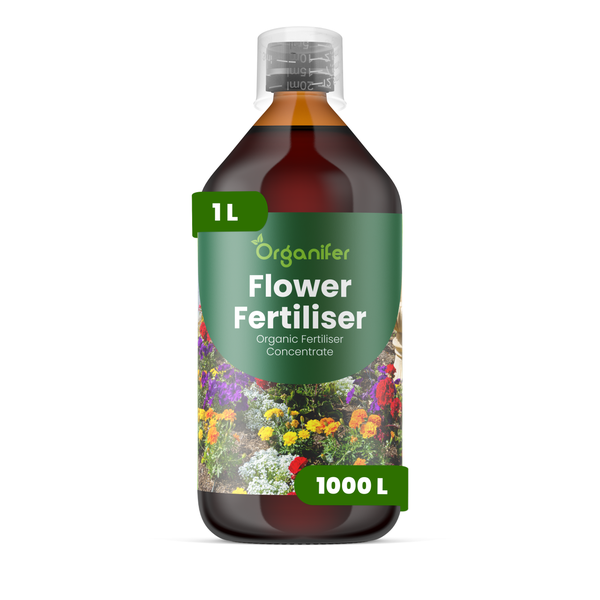 Organifer Blumendünger Konzentrat, organischer Flüssigdünger, 1 Liter Flasche für 1000 Liter.