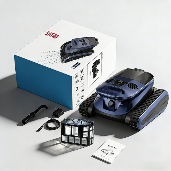 Poolroboter SAT40 in Blau und Schwarz mit Originalverpackung, Filterkorb, Ladekabel, Haken und Bedienungsanleitung.
