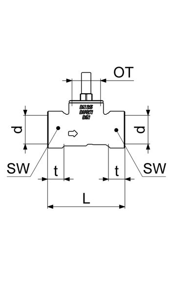 Technische Zeichnung eines Ventils mit Nenndurchmesser 25 sowie Maßen für Durchmesser, Gesamtlänge, Tiefe und Schlüsselweite nach Norm.