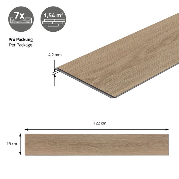 ML-Design Deluxe PVC Bodenbelag, Click Vinyl-Dielen, Vinylboden, 122 cm x 18 cm x 4,2 mm, Dicke 4,2mm, 1,54m²/7 Dielen, Golden Hour Eiche, Braun, Holzoptik, rutschfest, wasserfest, Belastungsklasse 34