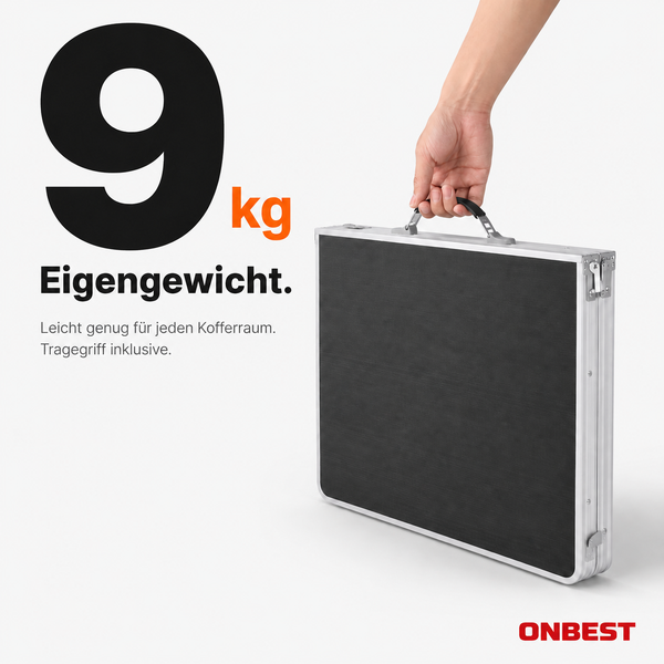 Tragbarer Klapptisch mit 9 Kilogramm Eigengewicht und integriertem Tragegriff, ONBEST Logo.