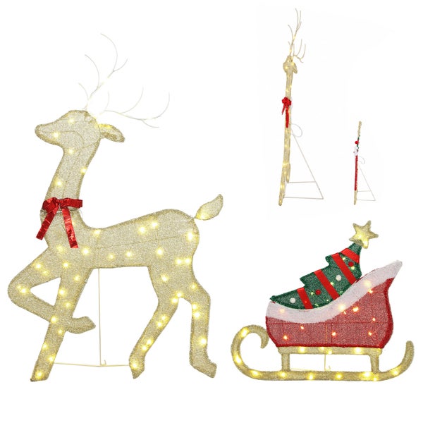 Beleuchtete Weihnachtsfigur bestehend aus einem Rentier und einem Schlitten mit Tannenbaum zur Dekoration für den Innen- und Außenbereich.