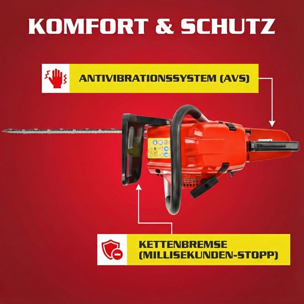Kettensäge mit Antivibrationssystem und Kettenbremse