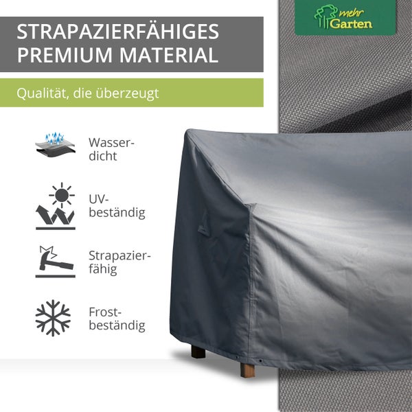 Mehr Garten - Premium Gartenbank-Schutzhülle 3 Sitzer: 163(B)x70(T)x63/86(H) cm I Robuste Abdeckung für Gartenbänke wasserdicht und wetterfest aus Oxford 600D Gewebe I Lichtgrau