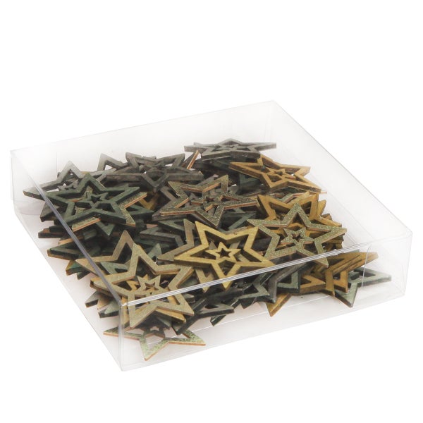 Dekorative Holzsterne in einer transparenten Kunststoffbox