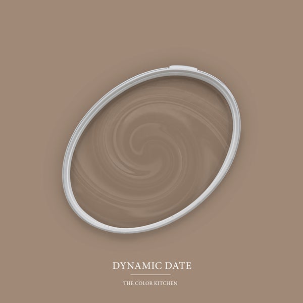 Draufsicht auf einen geöffneten Farbeimer mit cremig angerührter Wandfarbe in der Nuance Dynamic Date von The Color Kitchen.