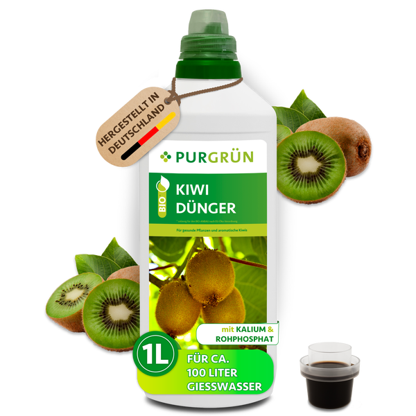 Purgrün Bio Kiwidünger in 1 Liter Flasche mit Kalium und Rohphosphat für 100 Liter Gießwasser, hergestellt in Deutschland.