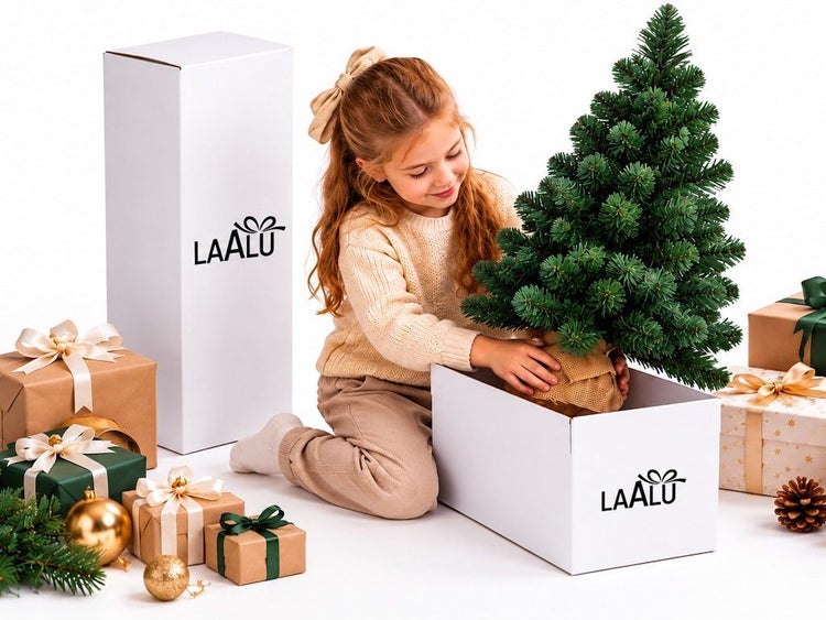 Ein kleines Mädchen packt einen künstlichen Weihnachtsbaum der Marke Laalu aus, umgeben von verschiedenen Weihnachtsgeschenken und Verpackungen.