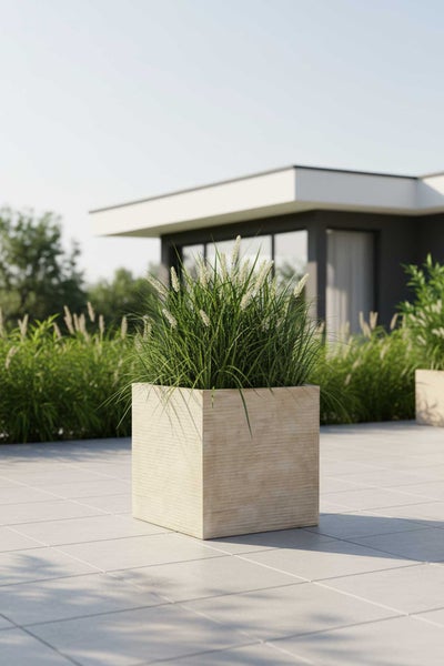 Quadratischer Pflanzkübel mit Ziergras auf einer modern gefliesten Terrasse vor einem Wohnhaus.