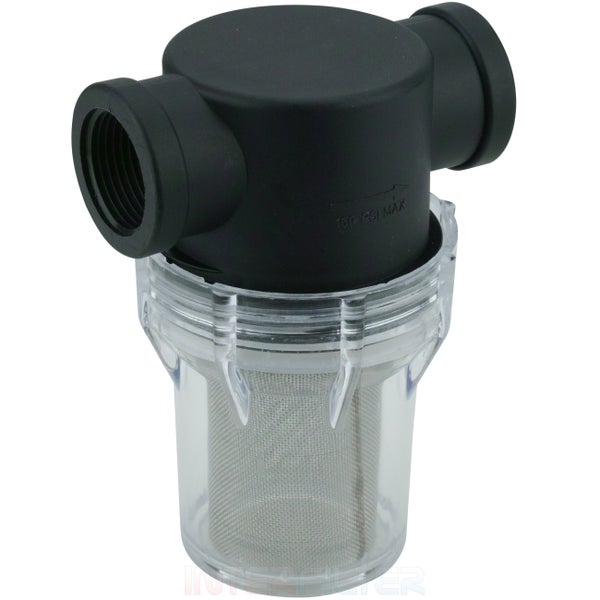 Inline Wasserfilter mit durchsichtigem Gehäuse und Metallsieb zur Reinigung von Wasser in Leitungssystemen