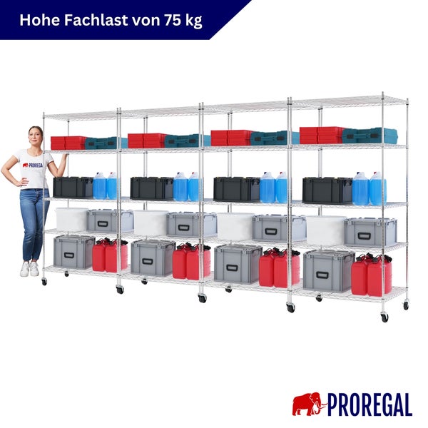 Fünfstufiges Gitterregal aus Metall auf Rollen, Fachlast 75 Kilogramm, beladen mit Aufbewahrungsboxen und Kanistern. Proregal Logo.