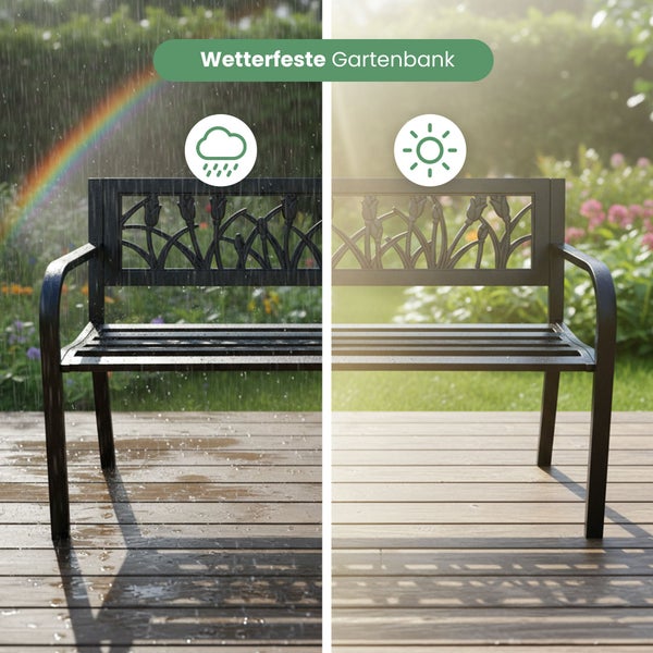 Wetterfeste Gartenbank aus Metall mit Tulpenmuster auf der Rückenlehne in einer Gartenumgebung bei Regen und Sonnenschein.