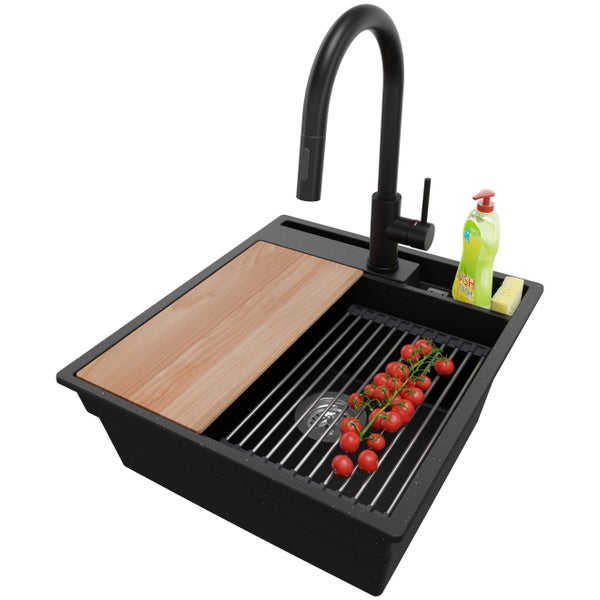 PRIMAGRAN Granitspüle Schwarz Metallic 48x53cm, Spülbecken 1 Becken + Küchenarmatur 40x20cm + Ablauf-Set + Küchenzubehörset, Küchenspüle ab 50er Unterschrank - Oslo Pocket